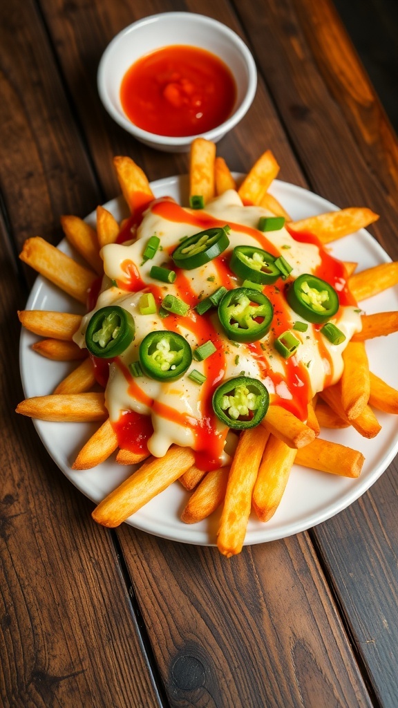 Spicy Loaded Fries Recipe Crispy loaded fries with cheese and jalapeños, garnished with green onions and spicy sauce on a wooden table.